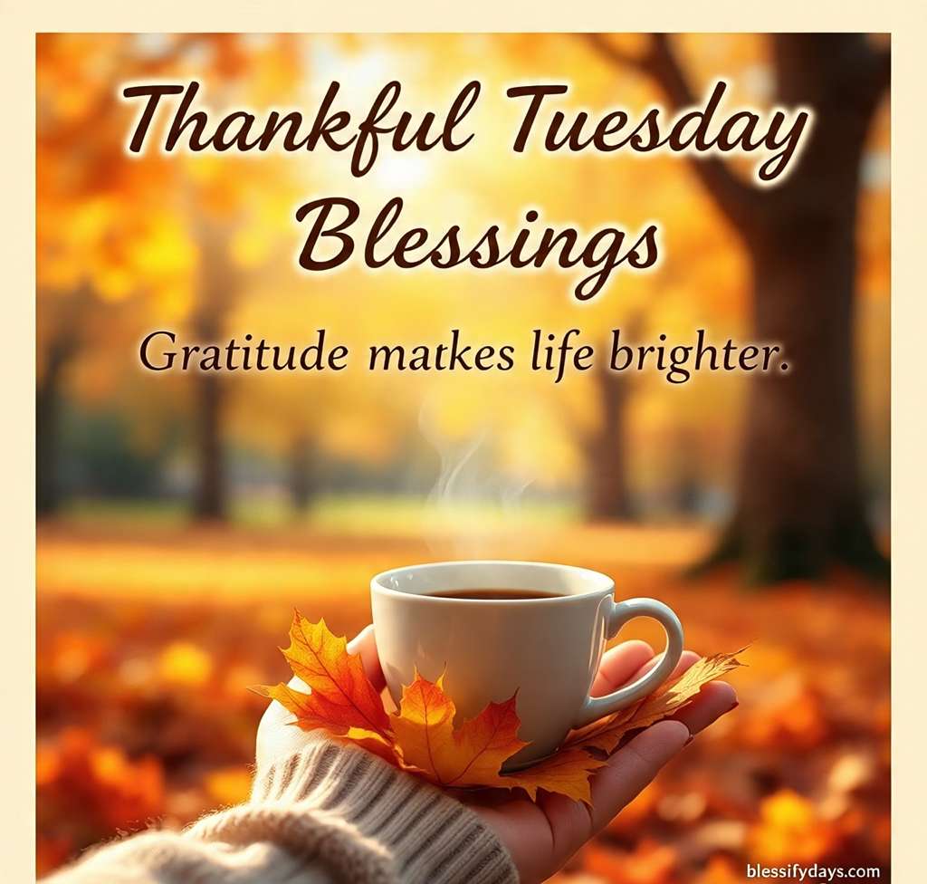 Hands holding coffee in sweater with autumn leaves, text Thankful Tuesday Blessings – Gratitude makes life brighter.