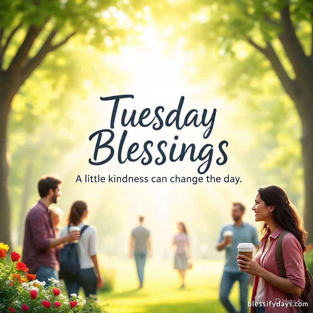 Warm Tuesday morning with smiling people, coffee, and flowers. Text overlay: Tuesday Blessings – A little kindness can change the day. Watermark