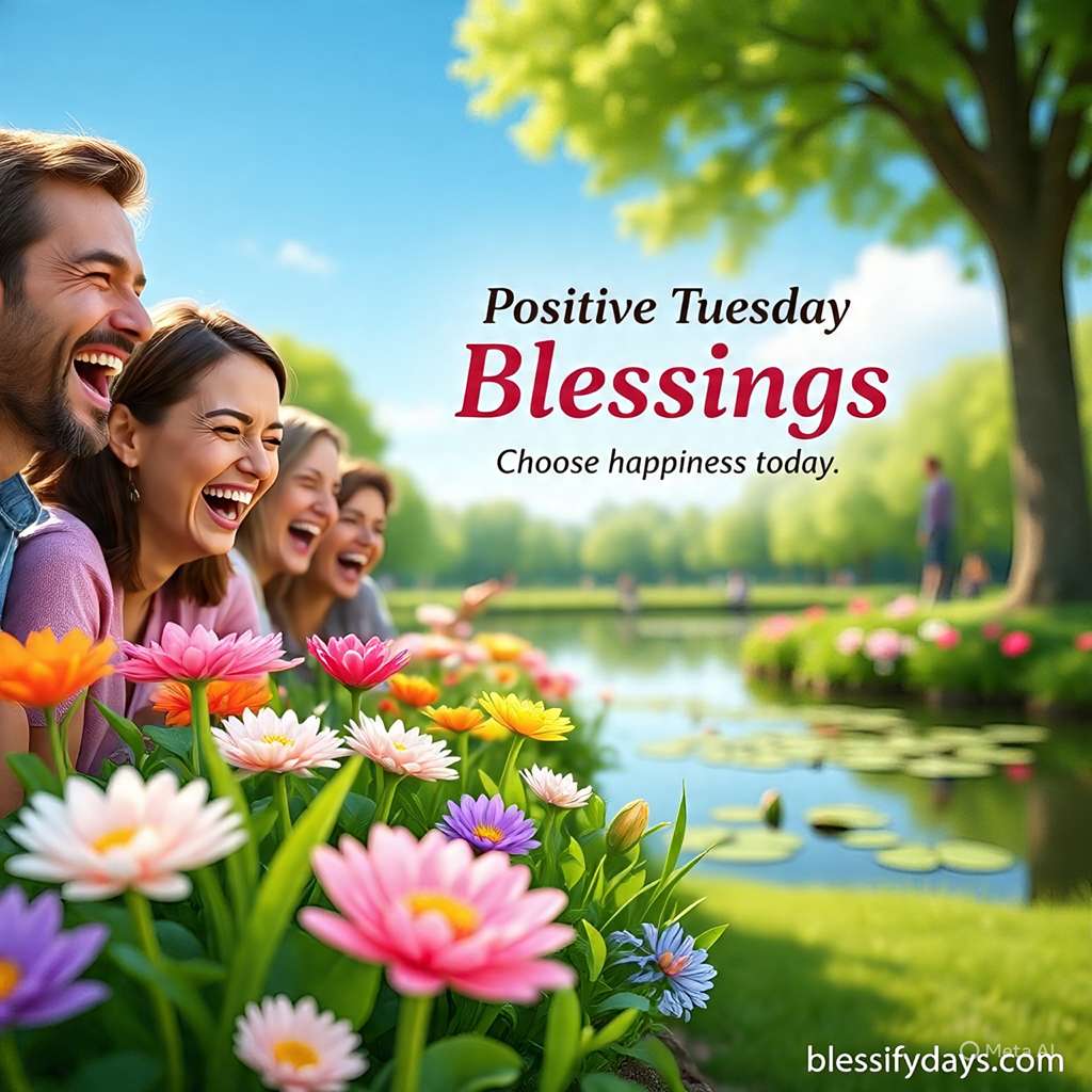 Smiling people in sunny park with flowers, text Positive Tuesday Blessings – Choose happiness today.