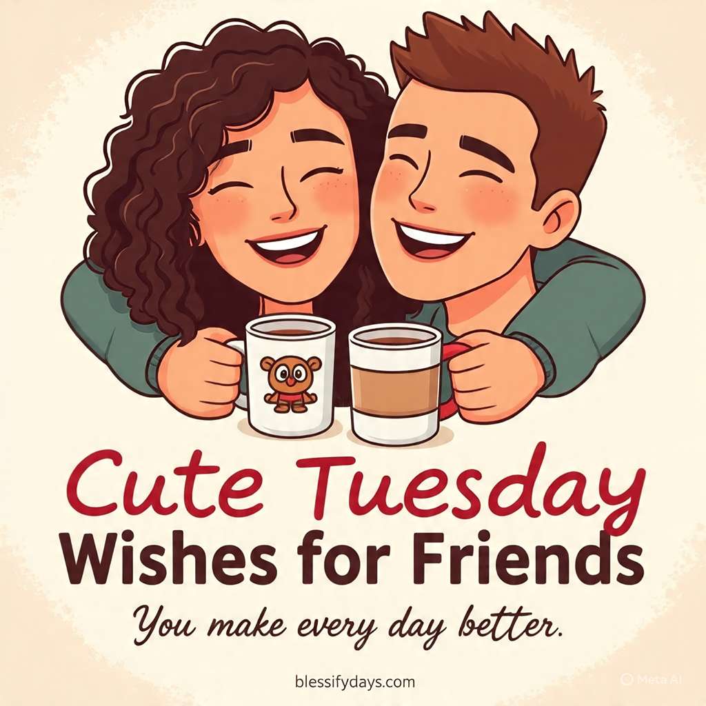 Illustrated friends hugging with coffee, text Cute Tuesday Wishes for Friends – You make every day better.
