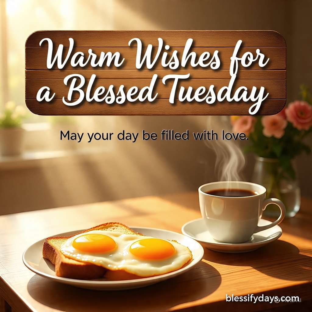 Breakfast table with flowers and sunlight, text Warm Wishes for a Blessed Tuesday – May your day be filled with love.