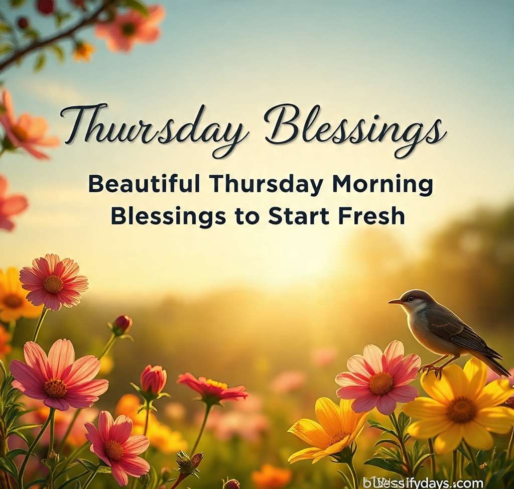 Beautiful Thursday morning blessings image with sunrise and calming nature background, featuring quote and website watermark
