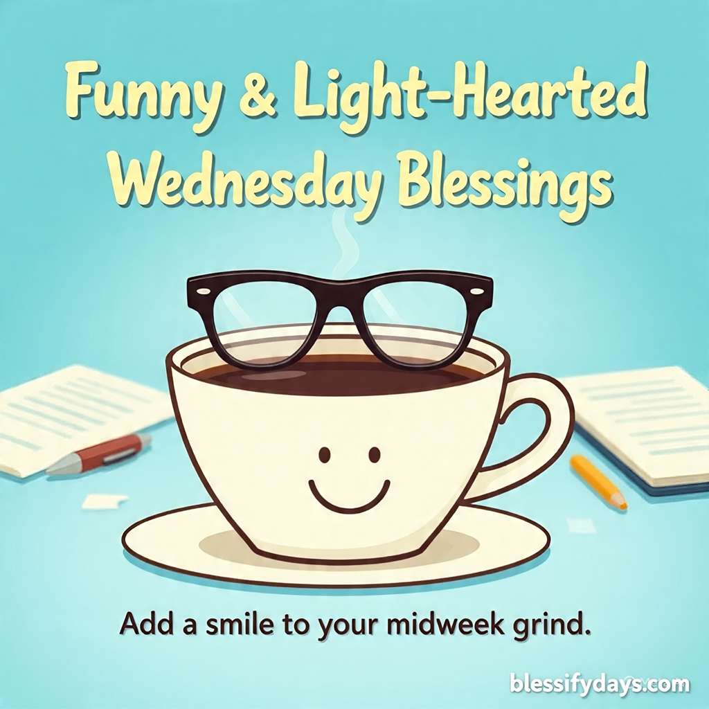 Playful African American Wednesday Blessings graphic with coffee humor and cheerful midweek message.