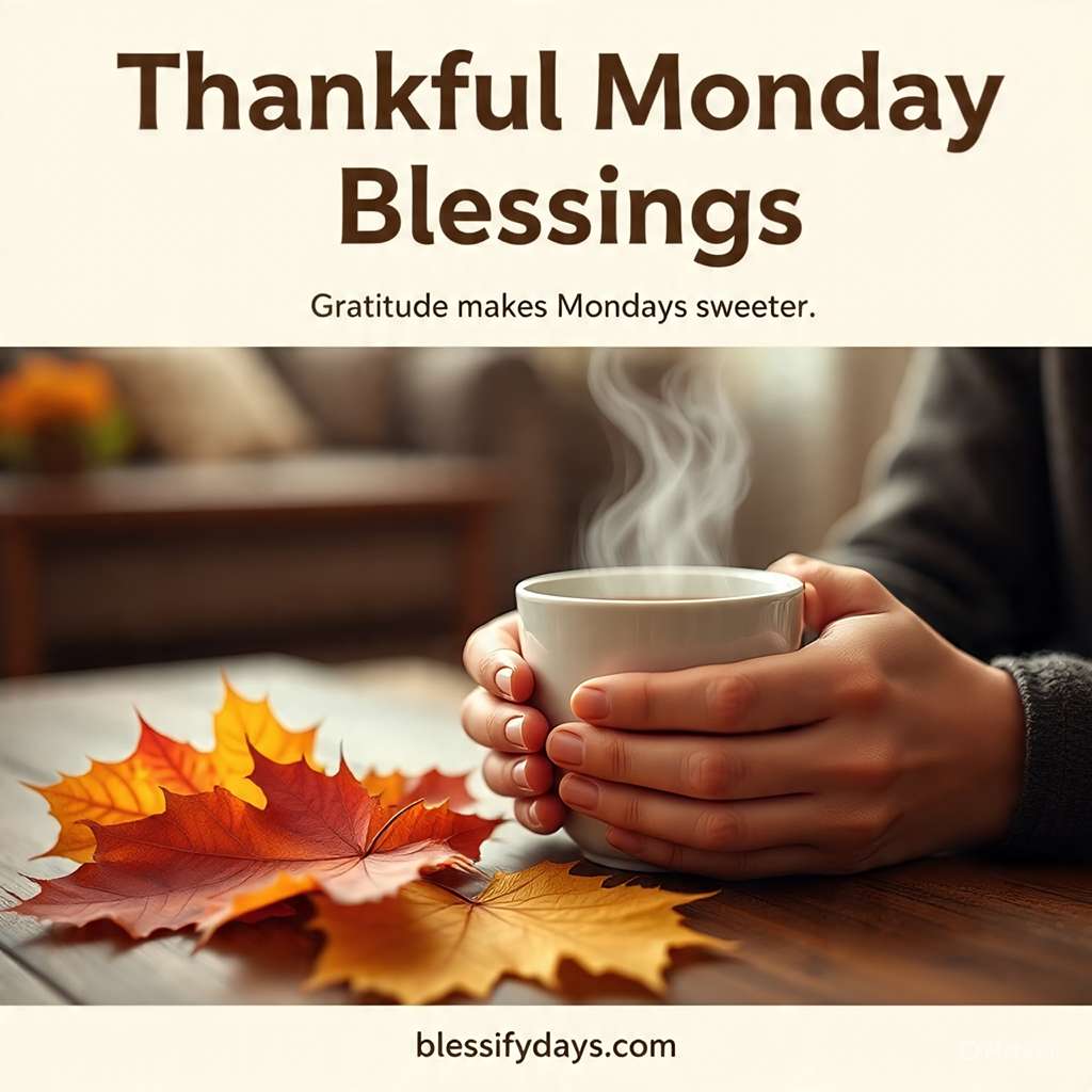 Hands with coffee and “Thankful Monday Blessings”