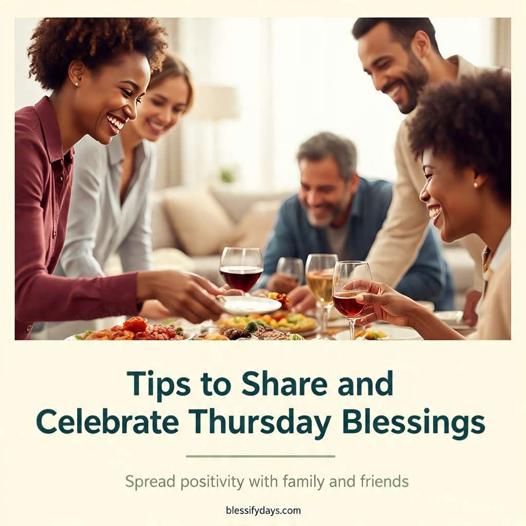 Tips to Share and Celebrate Thursday Blessings image with joyful design and sharing theme.