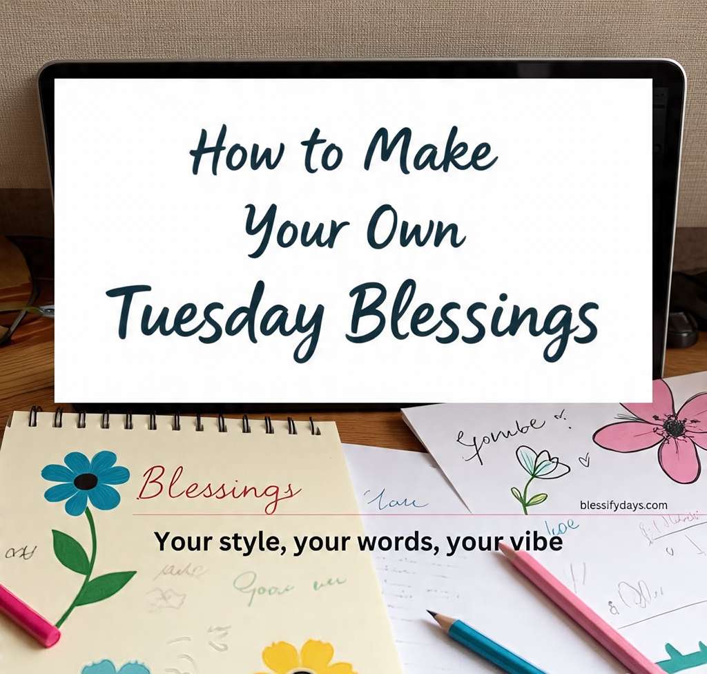 Creative desk with laptop and doodles, text How to Make Your Own Tuesday Blessings – Your style, your words, your vibe.
