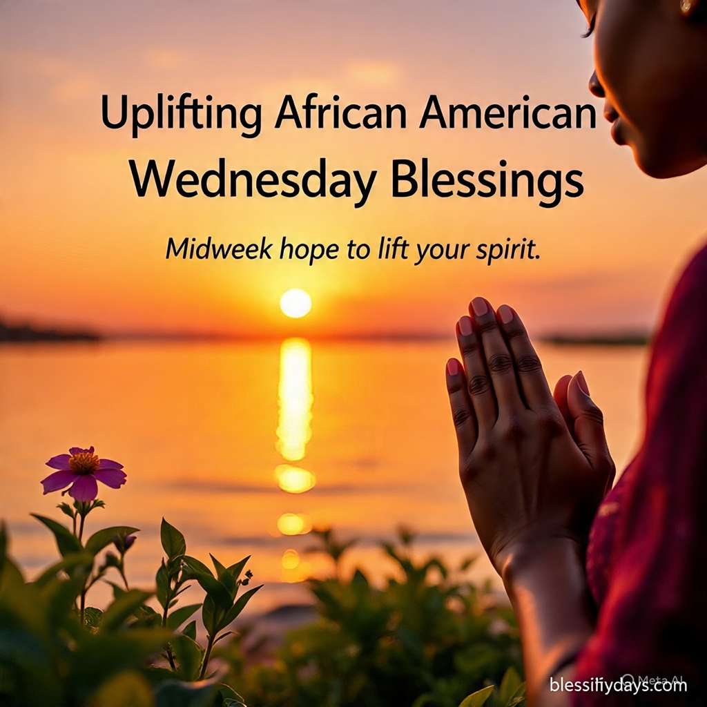Bright sunrise graphic with text Uplifting African American Wednesday Blessings and a hopeful midweek message.