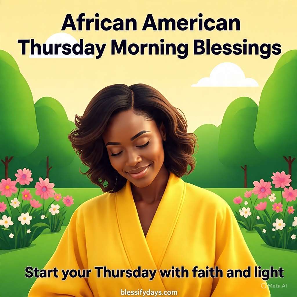 African American Thursday Morning Blessings image with sunrise theme and positive quote.