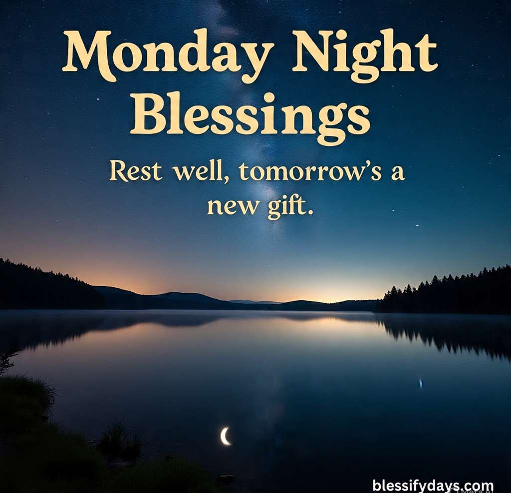 Starry night over lake with “Monday Night Blessings”