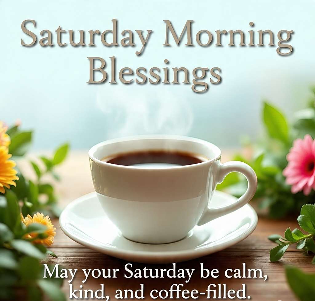 Cozy morning setting with coffee cup and gentle Saturday blessing text.
