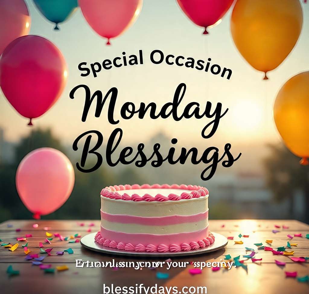 Balloons and cake with “Special Occasion Monday Blessings