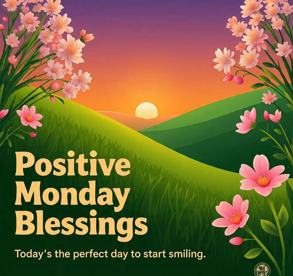 Sunrise over flowers with “Positive Monday Blessings