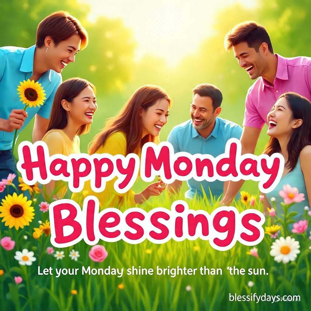 People smiling outdoors with “Happy Monday Blessings