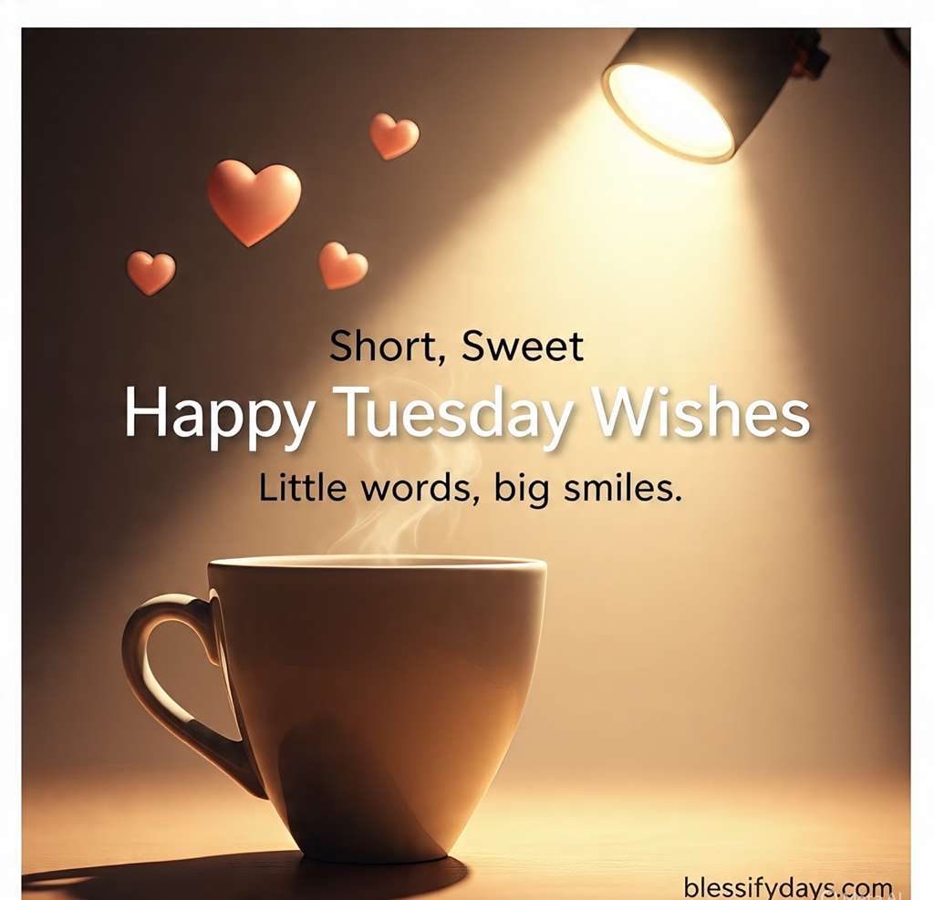 Hearts and coffee in sunlight, text Short, Sweet Happy Tuesday Wishes – Little words, big smiles.