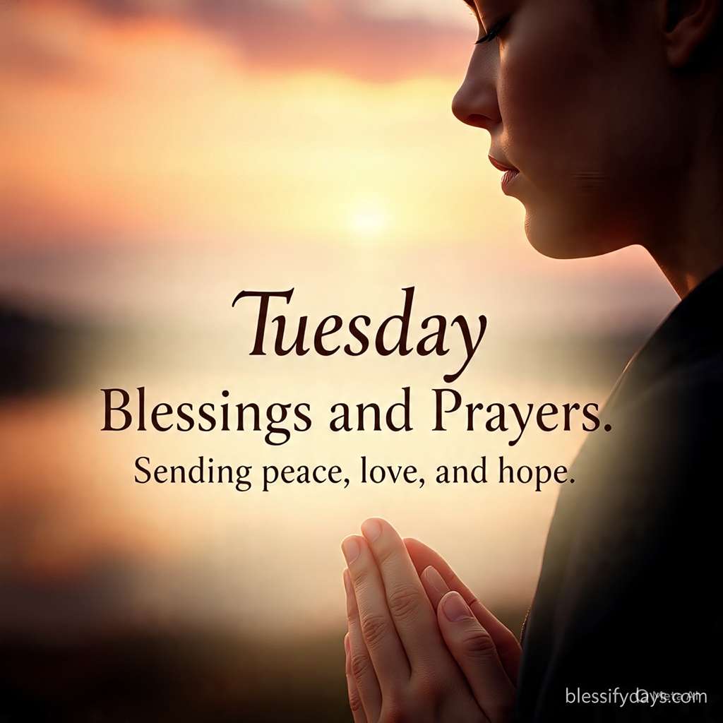 Beach sunrise with prayer beads, text Tuesday Blessings and Prayers Images – Peace for your heart and soul.