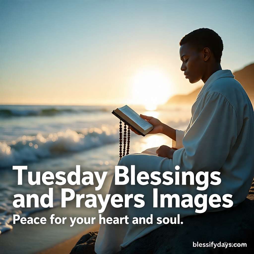 Beach sunrise with prayer beads, text Tuesday Blessings and Prayers Images – Peace for your heart and soul.