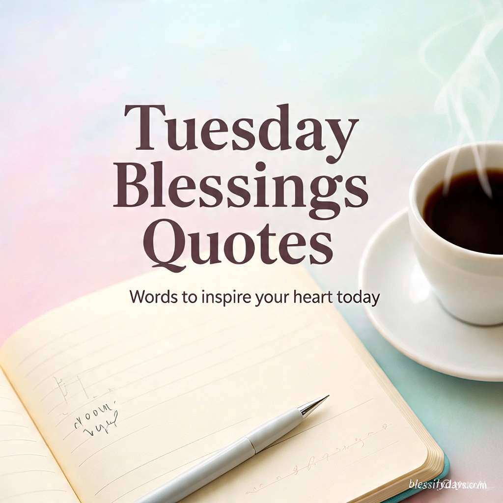 Notebook and coffee on pastel background with text Tuesday Blessings Quotes – Words to inspire your heart today.