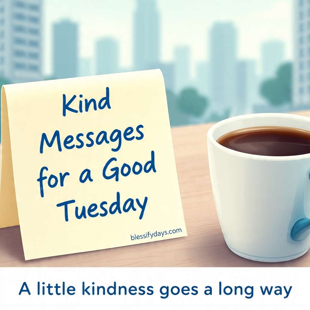 Note and coffee on pastel background, text Kind Messages for a Good Tuesday – A little kindness goes a long way.