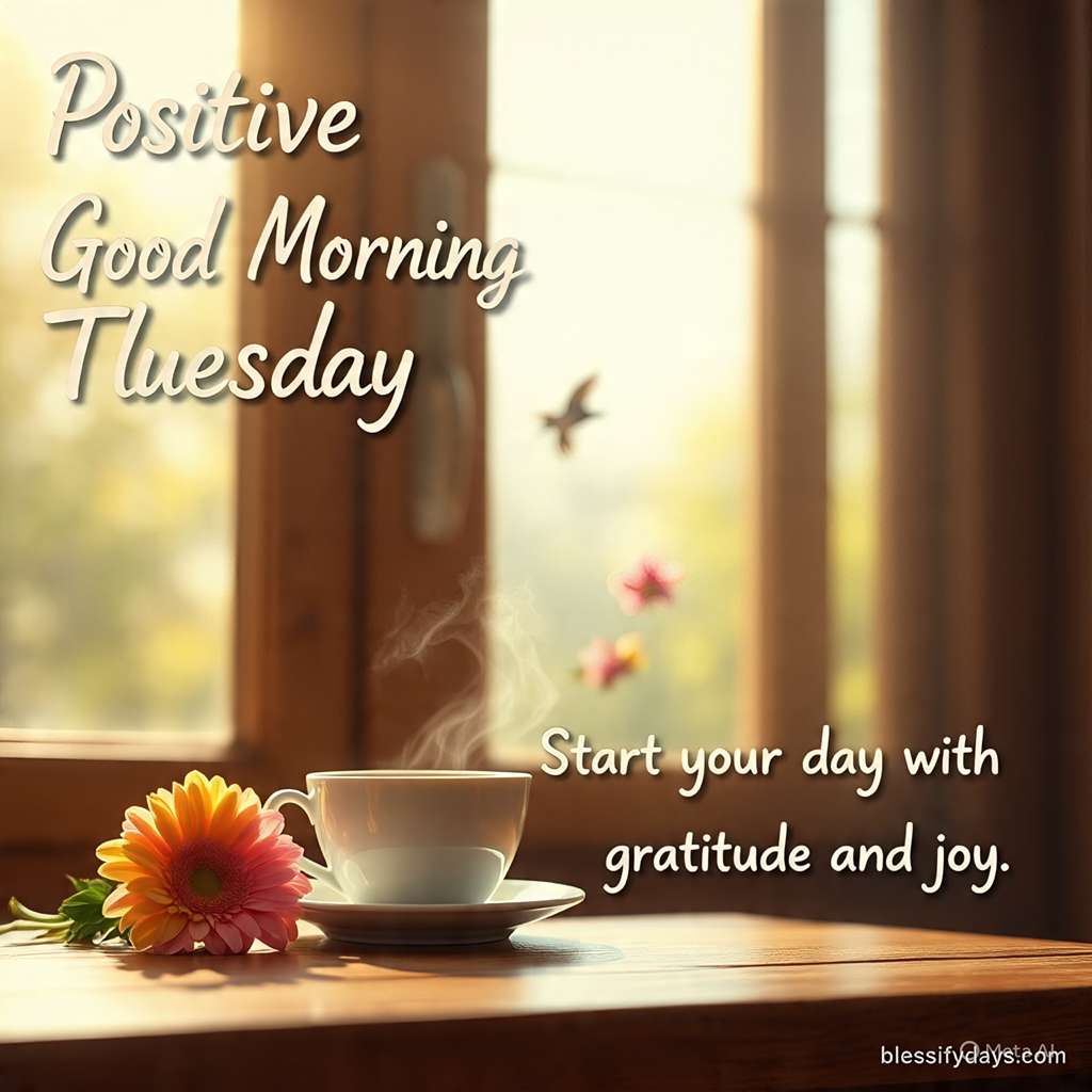 Coffee and flowers on a sunny morning table with text Positive Good Morning Tuesday Blessings – Start your day with gratitude and joy.