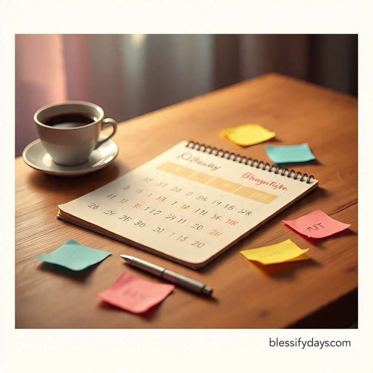 Weekly blessings calendar 2025 with daily positive themes and notes