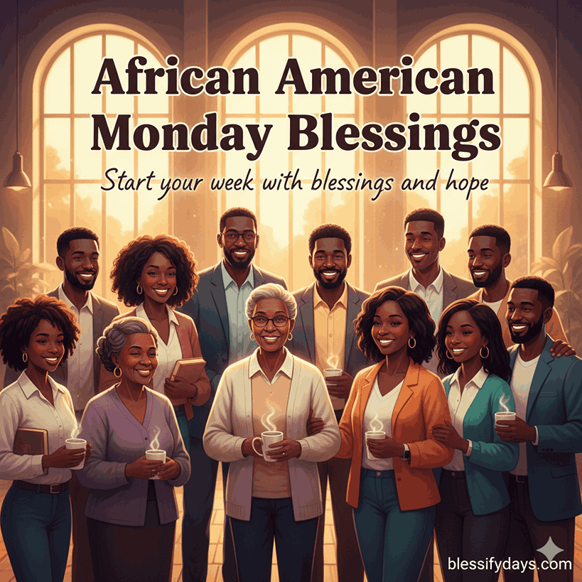 Inspiring African American Monday blessings illustration with community, faith, and morning sunlight