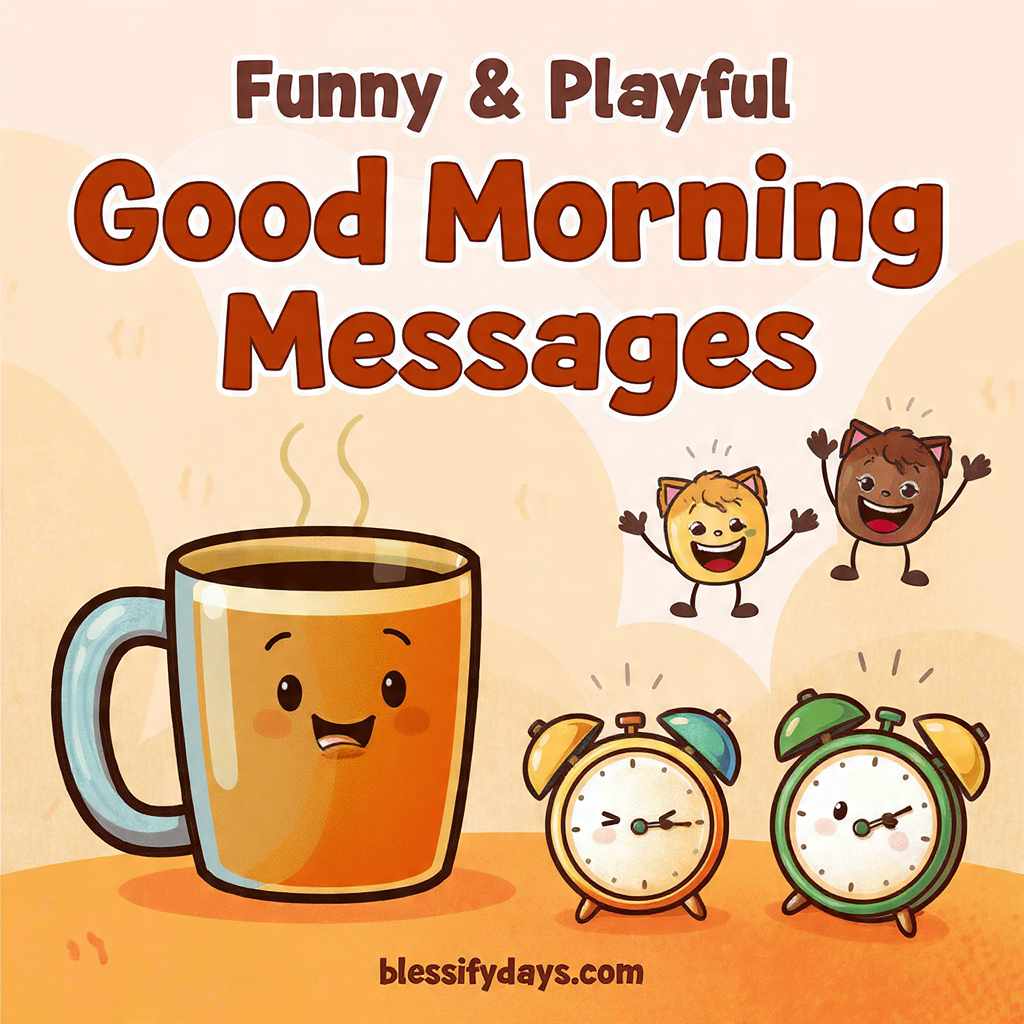 Funny and playful image with cartoon coffee and alarm clocks.