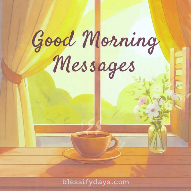 Bright and cheerful image with ‘Good Morning Messages’ text, sunrise, coffee, and flowers.
