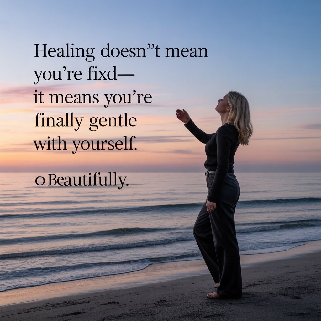 peaceful woman by the ocean during sunset with message about gentle healing