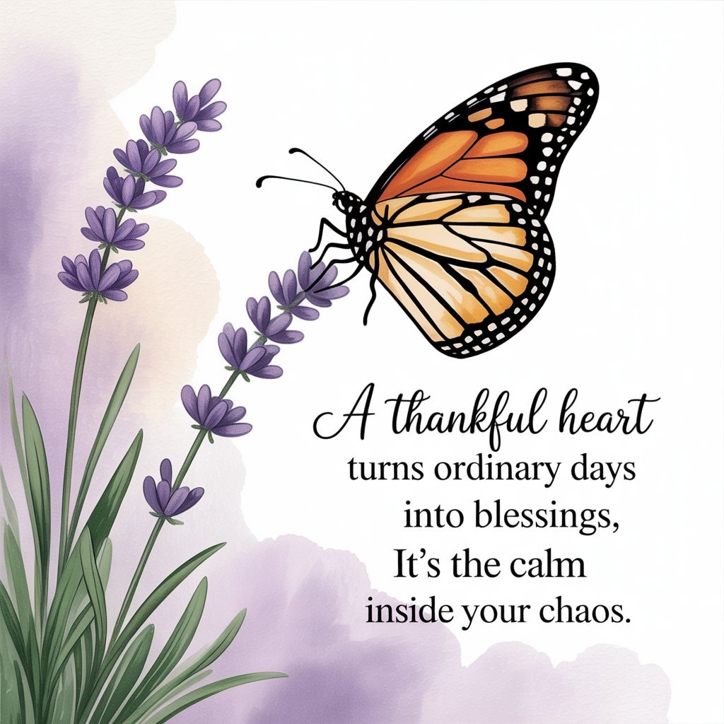 butterfly on lavender flower with quote about gratitude and blessings
