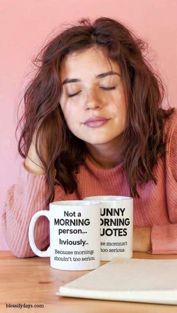 Sleepy person with coffee, funny morning quote
